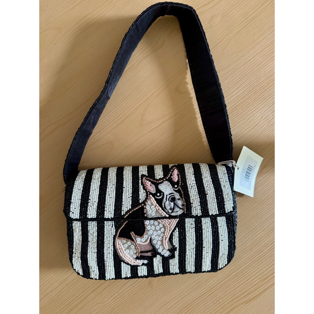 Sol and Mer French Bulldog Beaded Shoulder Bag Black White Striped Purse NWT
